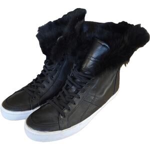 Rebecca Minkoff Black Leather Rabbit Fur High Top Flats Shoes EUC 9